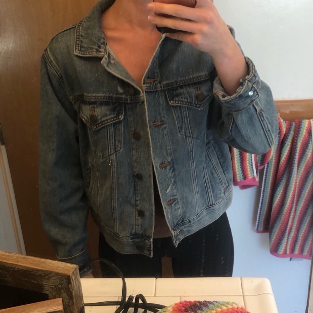 Fun jean jacket with flamingo embroidered on back